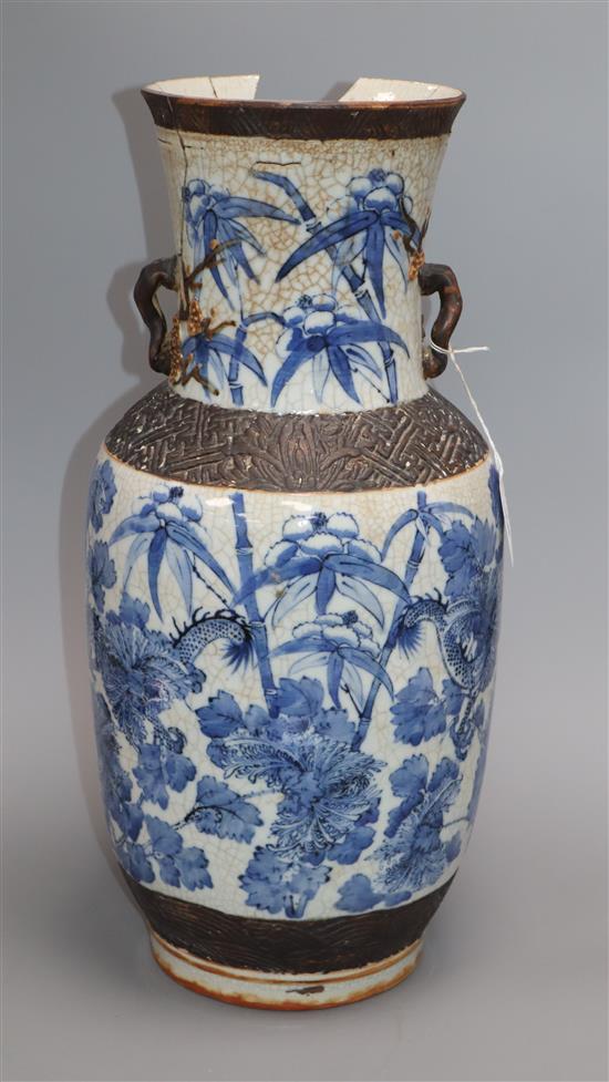 A large 19th century Chinese crackle glaze blue and white dragon vase height 47cm